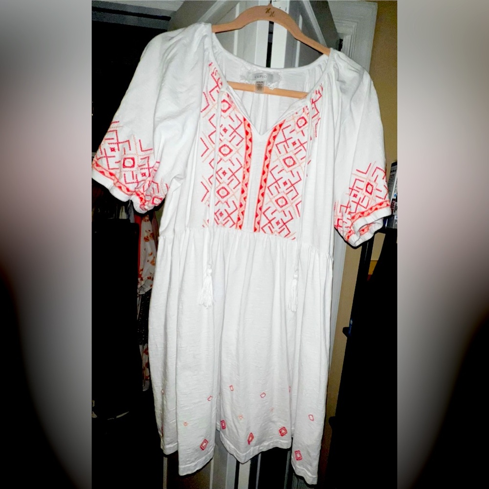 White Embroidered Peasant Dress with Coral Accents
